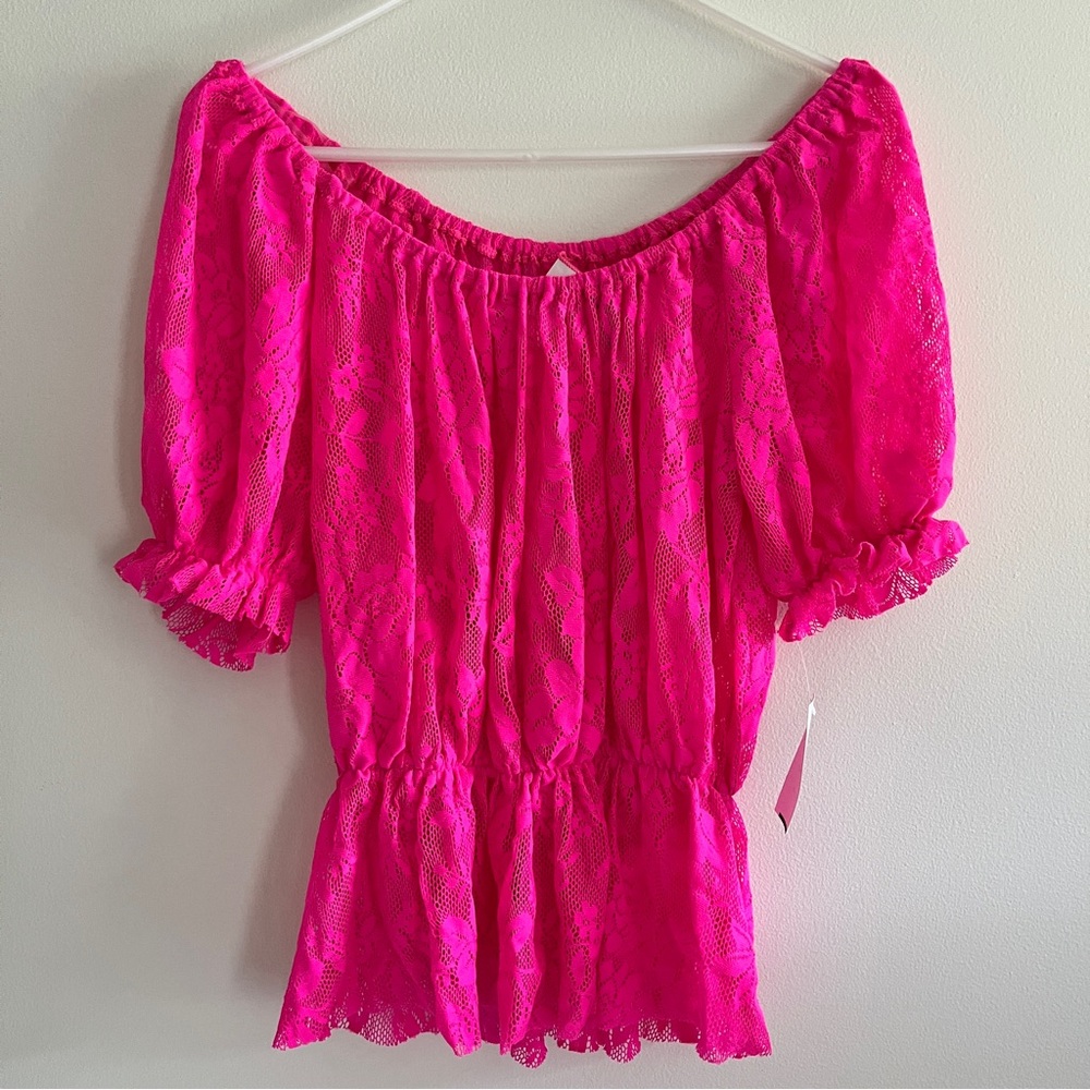 BCBGeneration Hot Pink Lace Off-Shoulder Ruffle Mesh Sheer Top